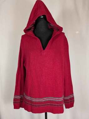 Great Northwest GNW Red Angora Blend Hooded V-Neck Fair Isle Knit Sweater M